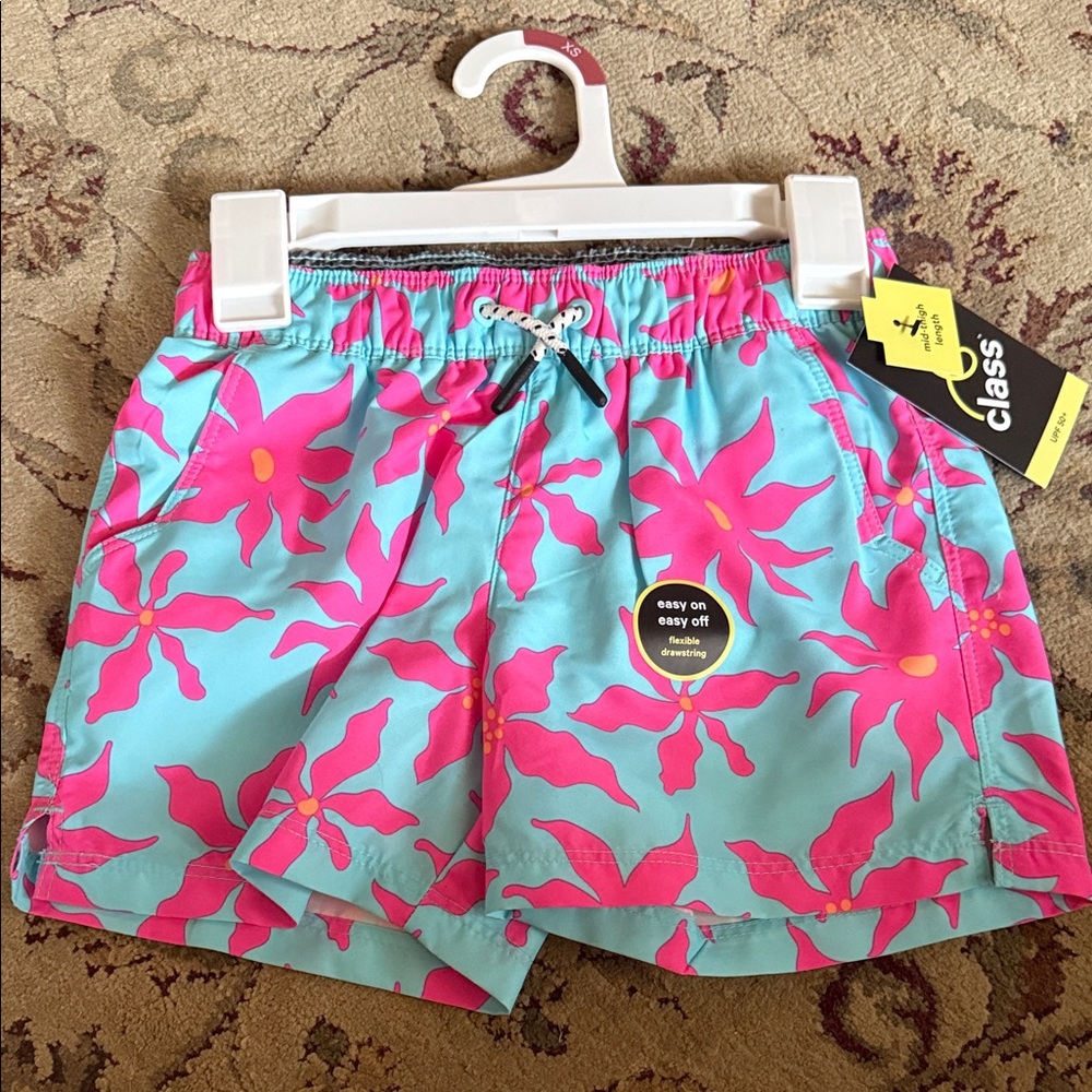 Art class boys Aqua & Hot Pink Floral Swim Shorts XS 4/5